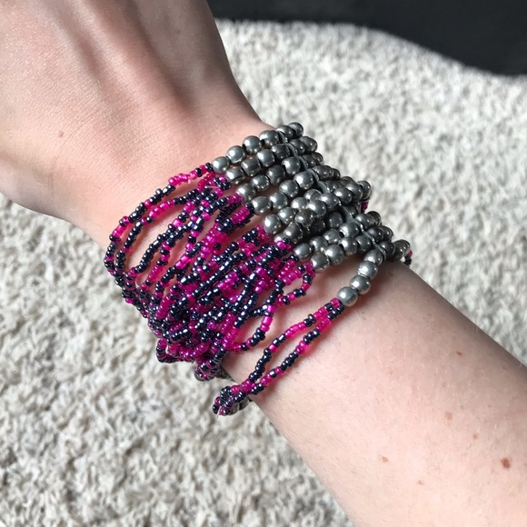 Purple & silver beaded stack bracelet - Picture 1 of 2
